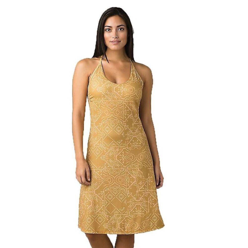 prAna Opal dress gold & pink print built in bra w/racer back sz Medium